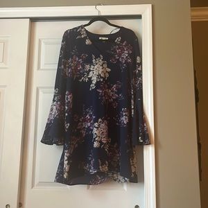 Navy blue long sleeve trumpet sleeve dress with various of purple flowers